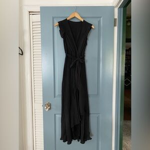 Long black v neck faux wrap dress size S